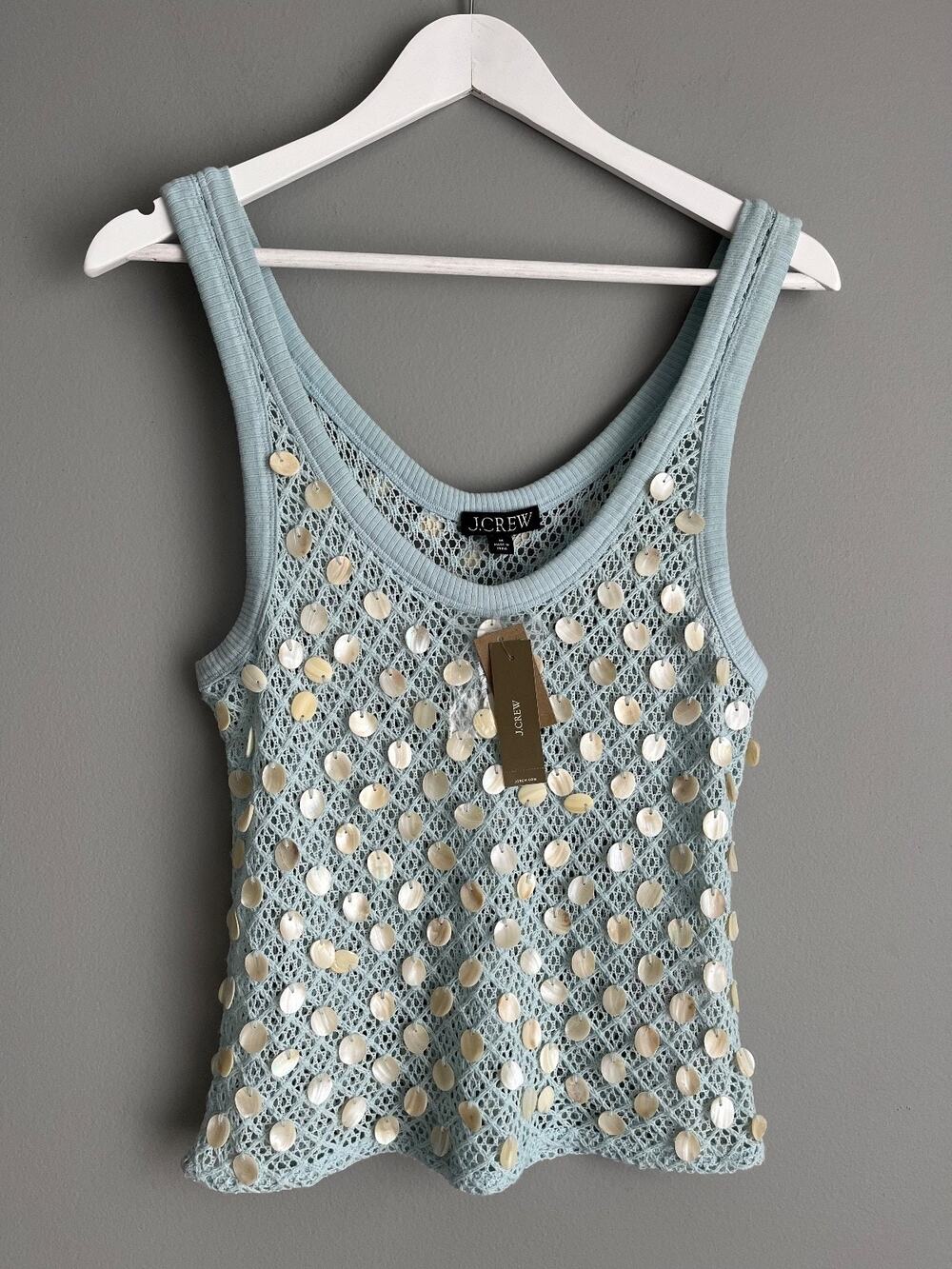 J.Crew NWT $98 Crochet Shell Embellished Tank Top Blue M CA834 Coastal Resort